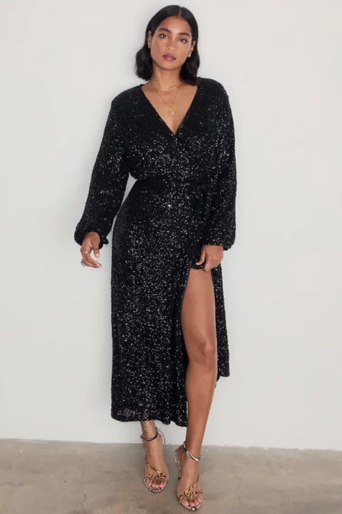 Never Fully Dressed Black Sequin Kira Wrap Dress