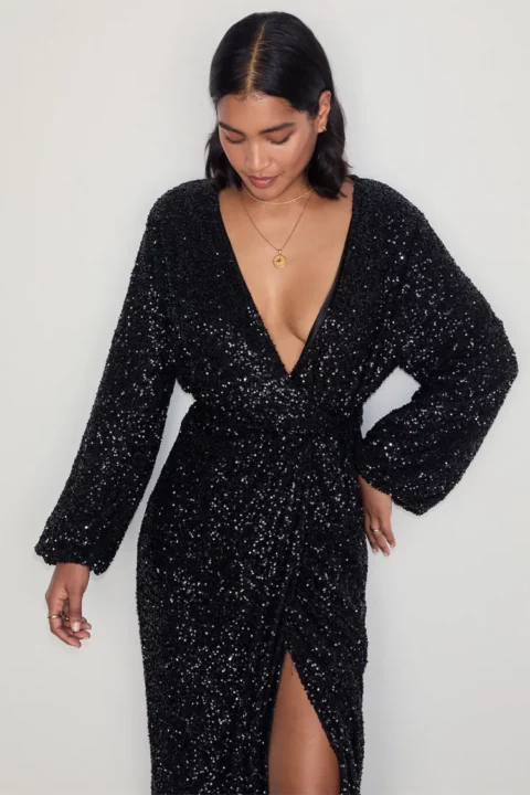 Never Fully Dressed Black Sequin Kira Wrap Dress