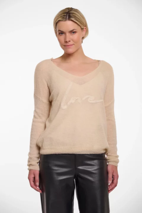 Ave V-Neck Love Embroidered Pullover